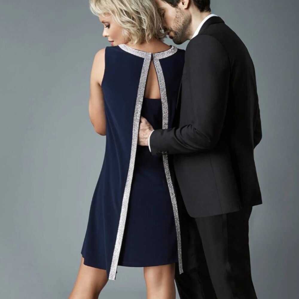 Navy Blue Cocktail Dress Siliver Rinestone Vneck Ark Co Size M
